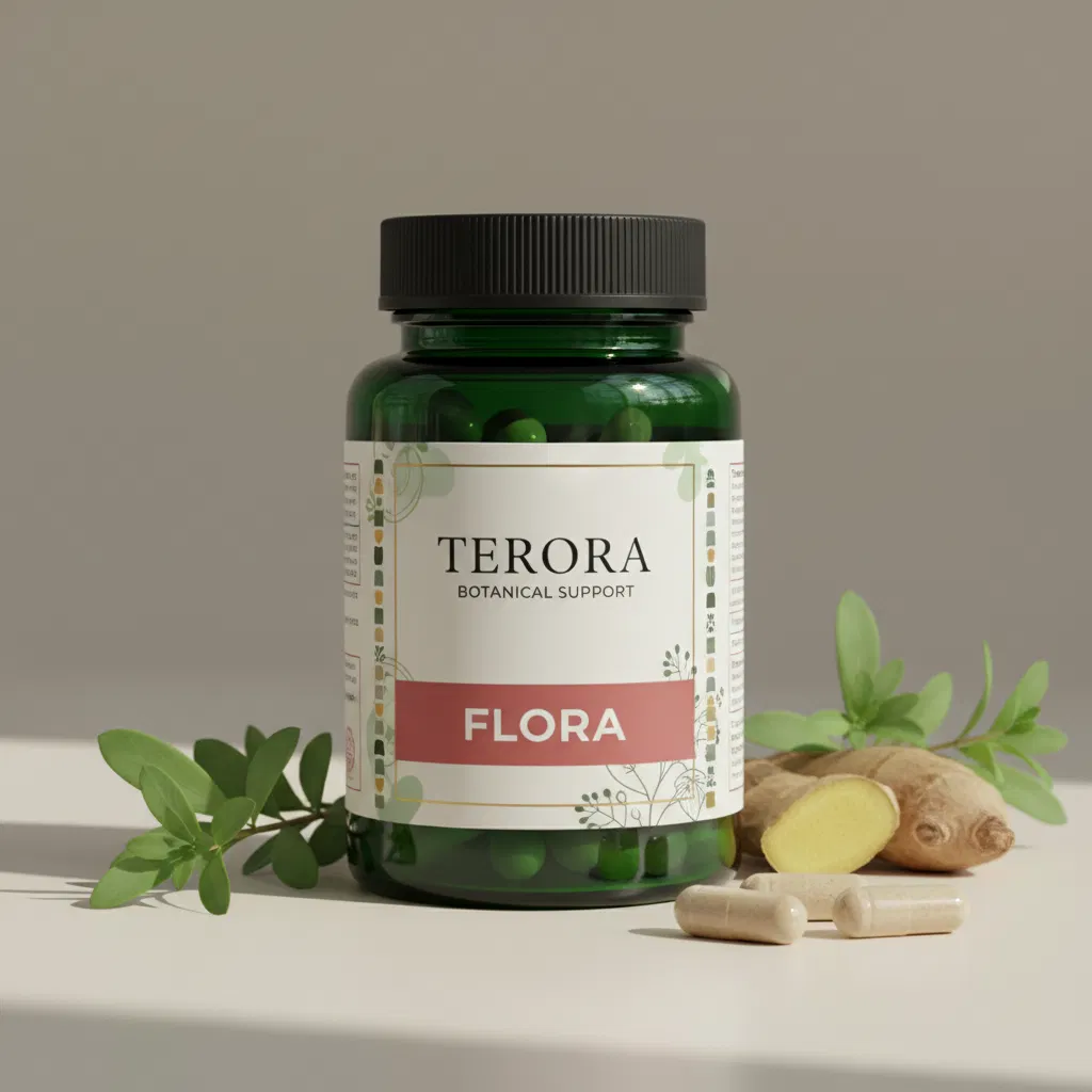 Terora Botanical Support tummavihreä lasipurkki hopeisella kannella, kasviuutteet viereisessä kuvassa